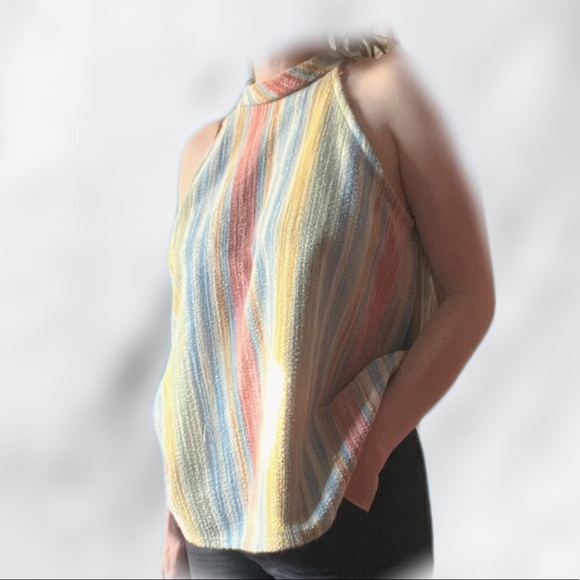 Anthropologie W5 Pastel Rainbow Striped Textured Towel Halter Tank Top Shirt - Picture 1 of 4